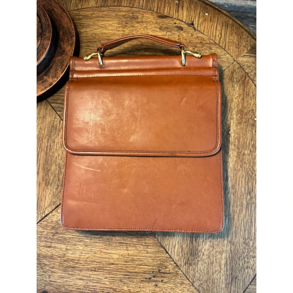 Rosenio Splendid Tan Leather Document Bag Portfolio Case Gold Rose Logo Vintage